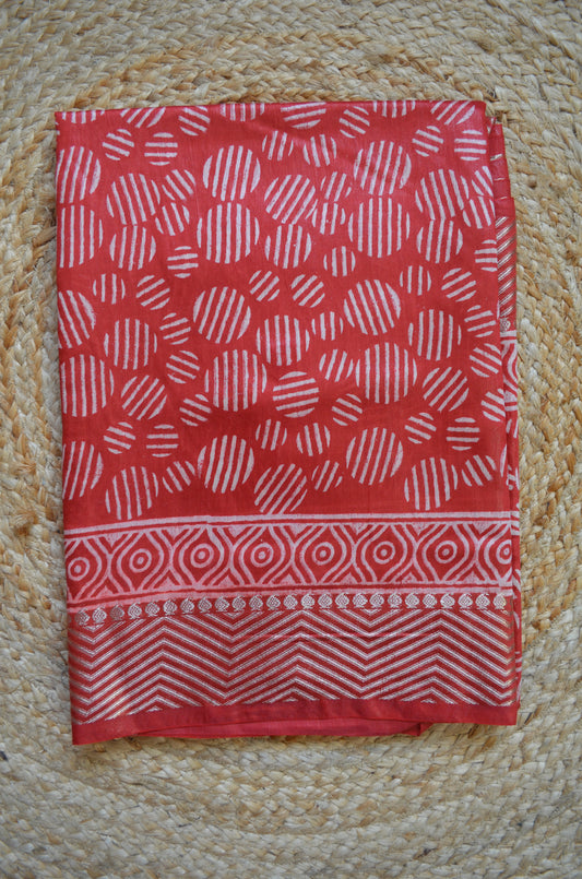 Maroon Block Print Maheshwari Vegan Silk Saree