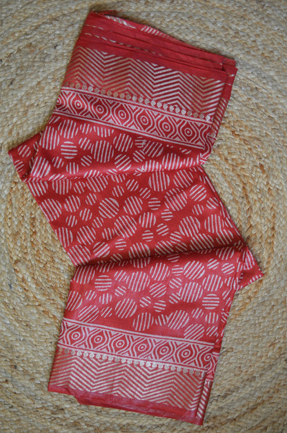 Maroon Block Print Maheshwari Vegan Silk Saree