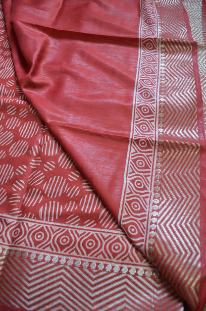Maroon Block Print Maheshwari Vegan Silk Saree
