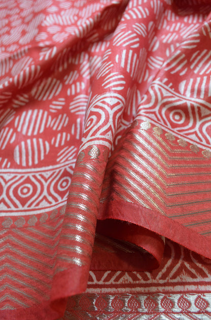 Maroon Block Print Maheshwari Vegan Silk Saree