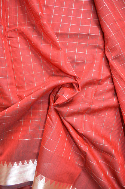 Red Mangalagiri Checks Cotton Silk Handloom Saree