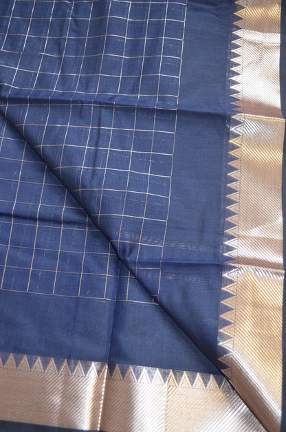 Navy Mangalagiri Checks Cotton Silk Handloom Saree