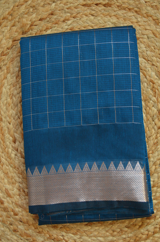 Cyan Mangalagiri Checks Cotton Silk Handloom Saree