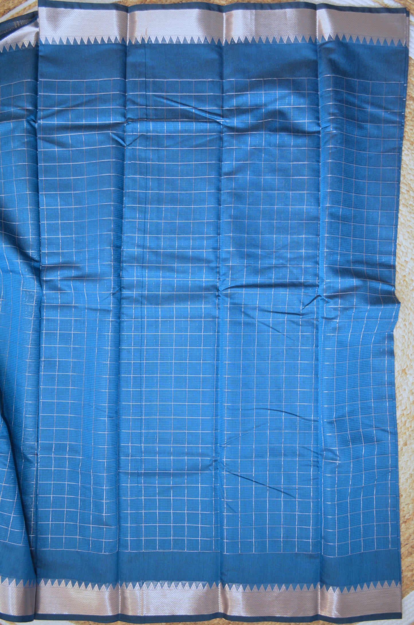 Cyan Mangalagiri Checks Cotton Silk Handloom Saree