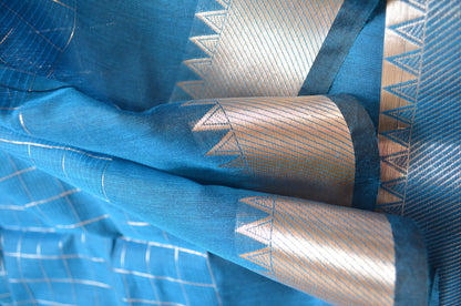 Cyan Mangalagiri Checks Cotton Silk Handloom Saree