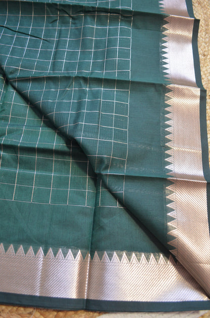 Jungle Green Mangalagiri Checks Cotton Silk Handloom Saree