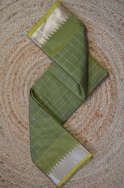 Green Yellow Mangalagiri Checks Cotton Silk Handloom Saree