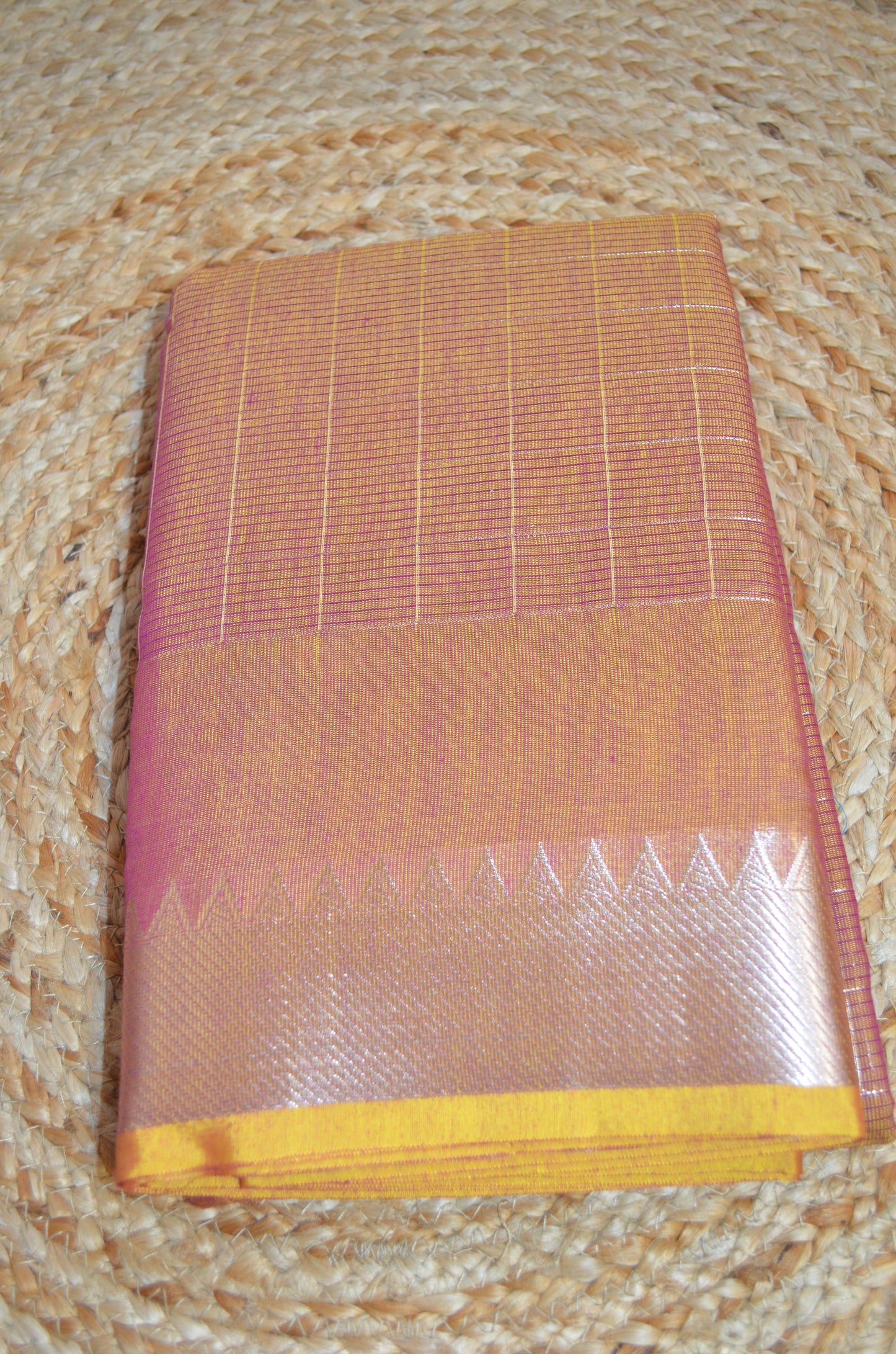 Magenta Yellow Mangalagiri Checks Cotton Silk Handloom Saree