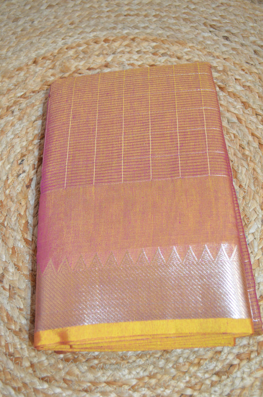 Magenta Yellow Mangalagiri Checks Cotton Silk Handloom Saree