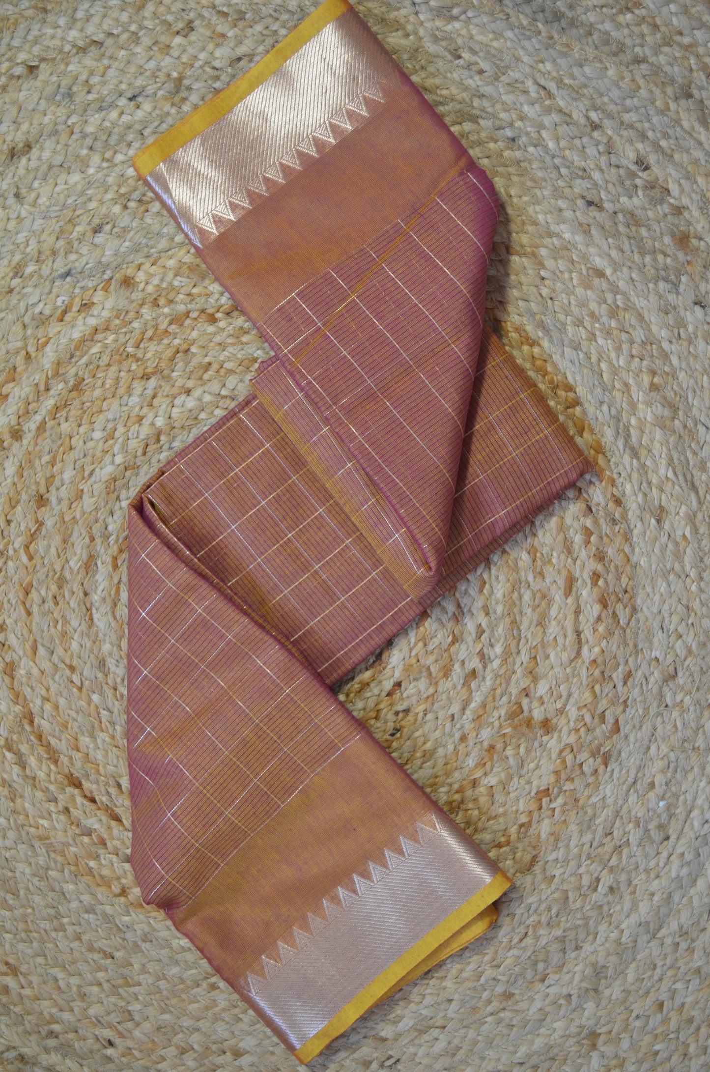 Magenta Yellow Mangalagiri Checks Cotton Silk Handloom Saree