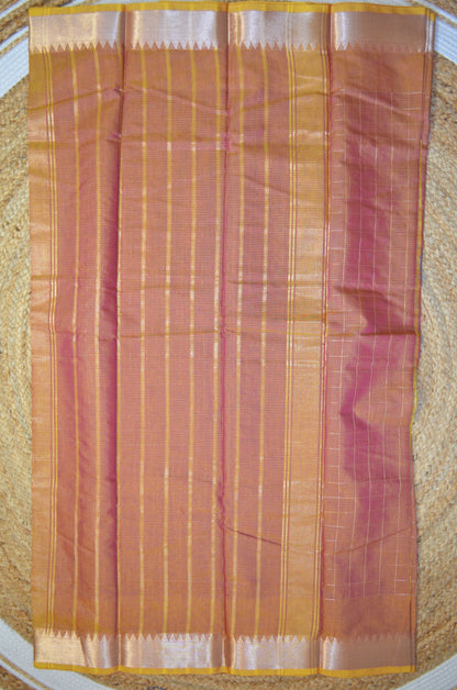 Magenta Yellow Mangalagiri Checks Cotton Silk Handloom Saree