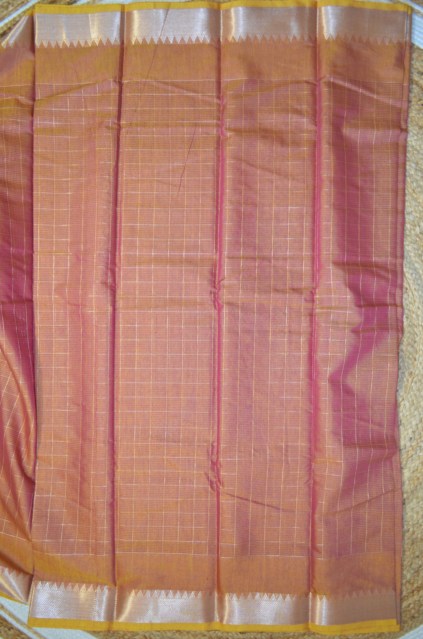 Magenta Yellow Mangalagiri Checks Cotton Silk Handloom Saree