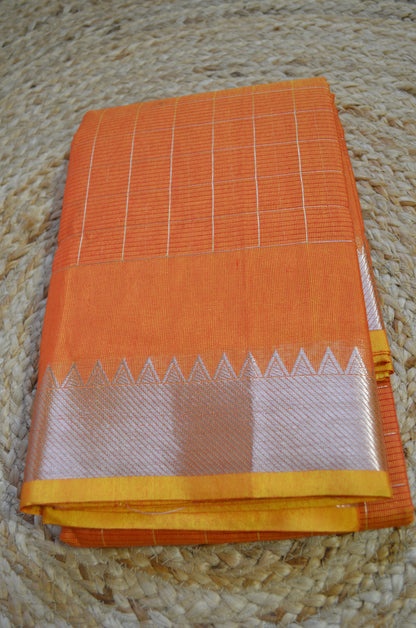 Orange Mangalagiri Checks Cotton Silk Handloom Saree