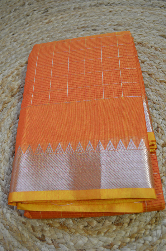 Orange Mangalagiri Checks Cotton Silk Handloom Saree