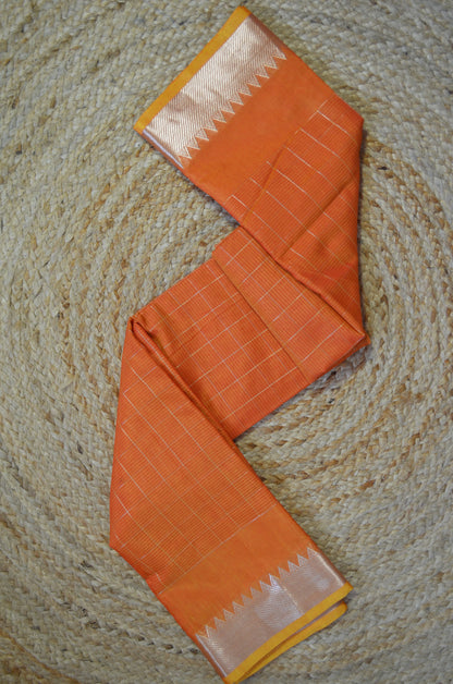Orange Mangalagiri Checks Cotton Silk Handloom Saree
