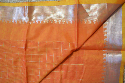 Orange Mangalagiri Checks Cotton Silk Handloom Saree