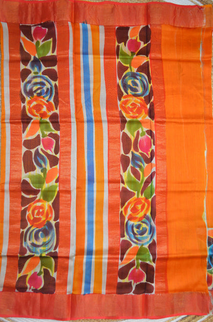 Orange Hand Painted Chanderi Handloom Saree