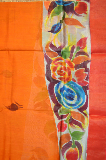 Orange Hand Painted Chanderi Handloom Saree