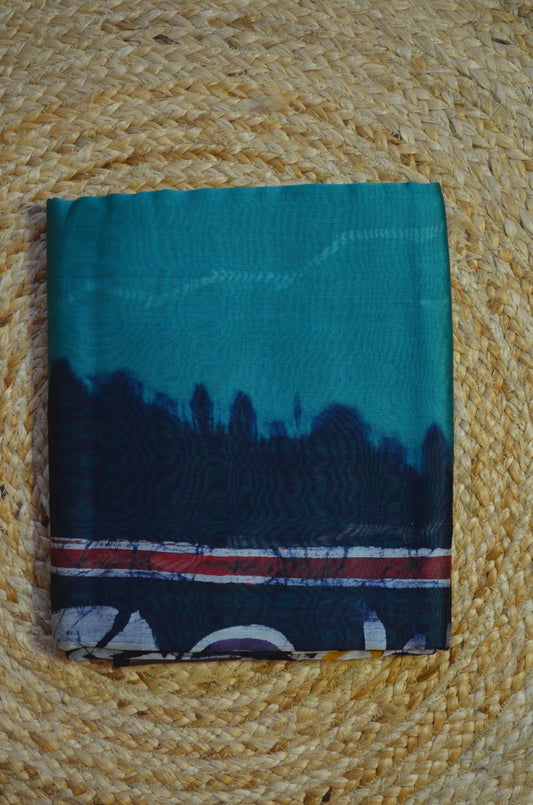 Teal Batik Print Chanderi Handloom Saree