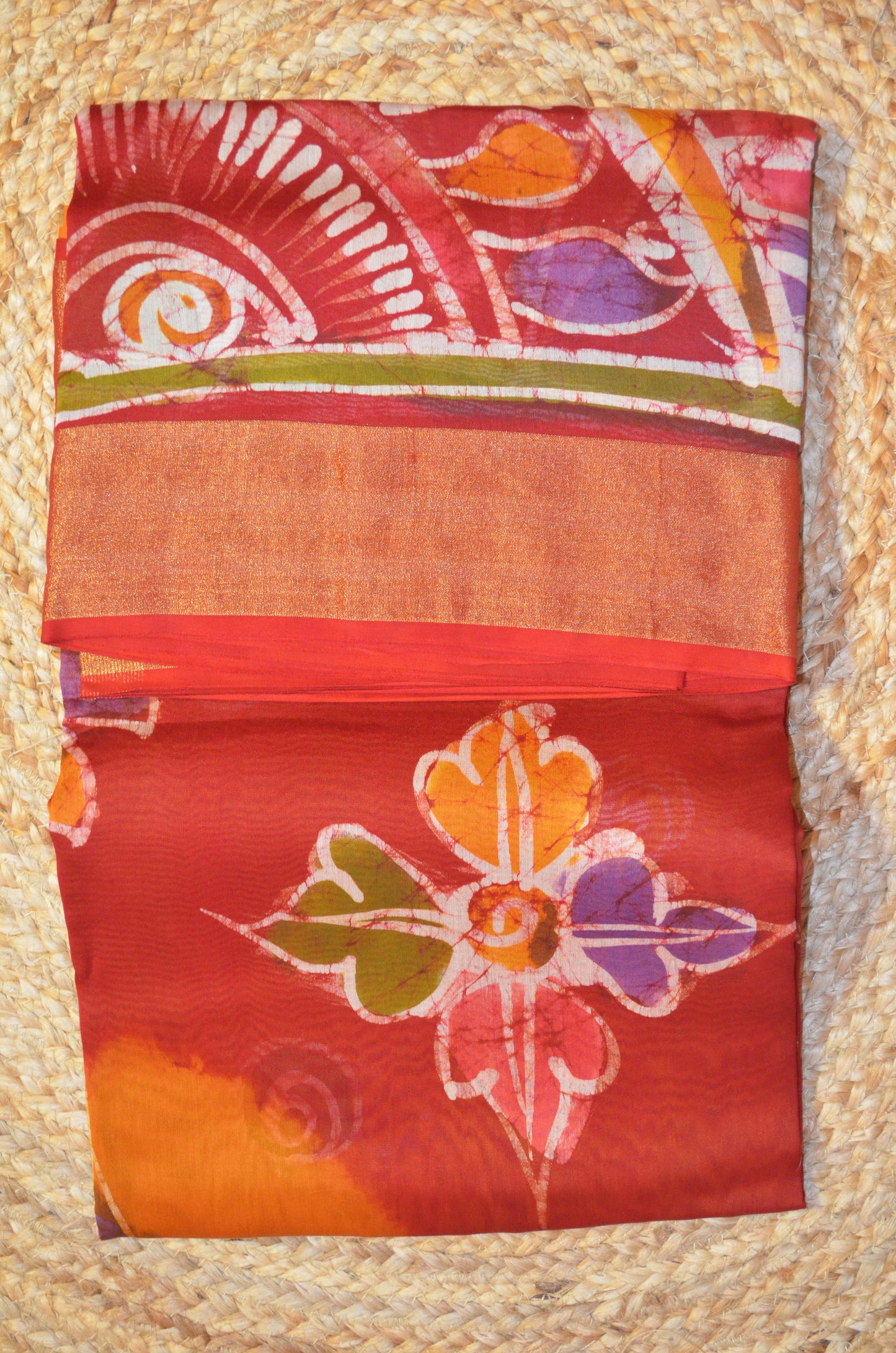 Red and Mustard Batik Print Chanderi Handloom Saree
