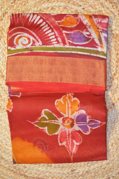 Red and Mustard Batik Print Chanderi Handloom Saree