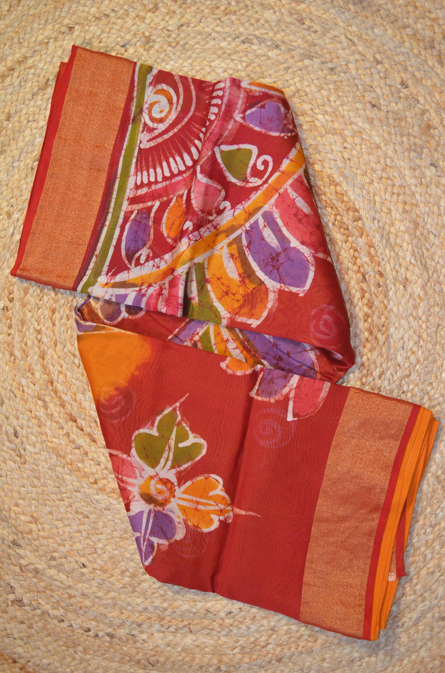 Red and Mustard Batik Print Chanderi Handloom Saree