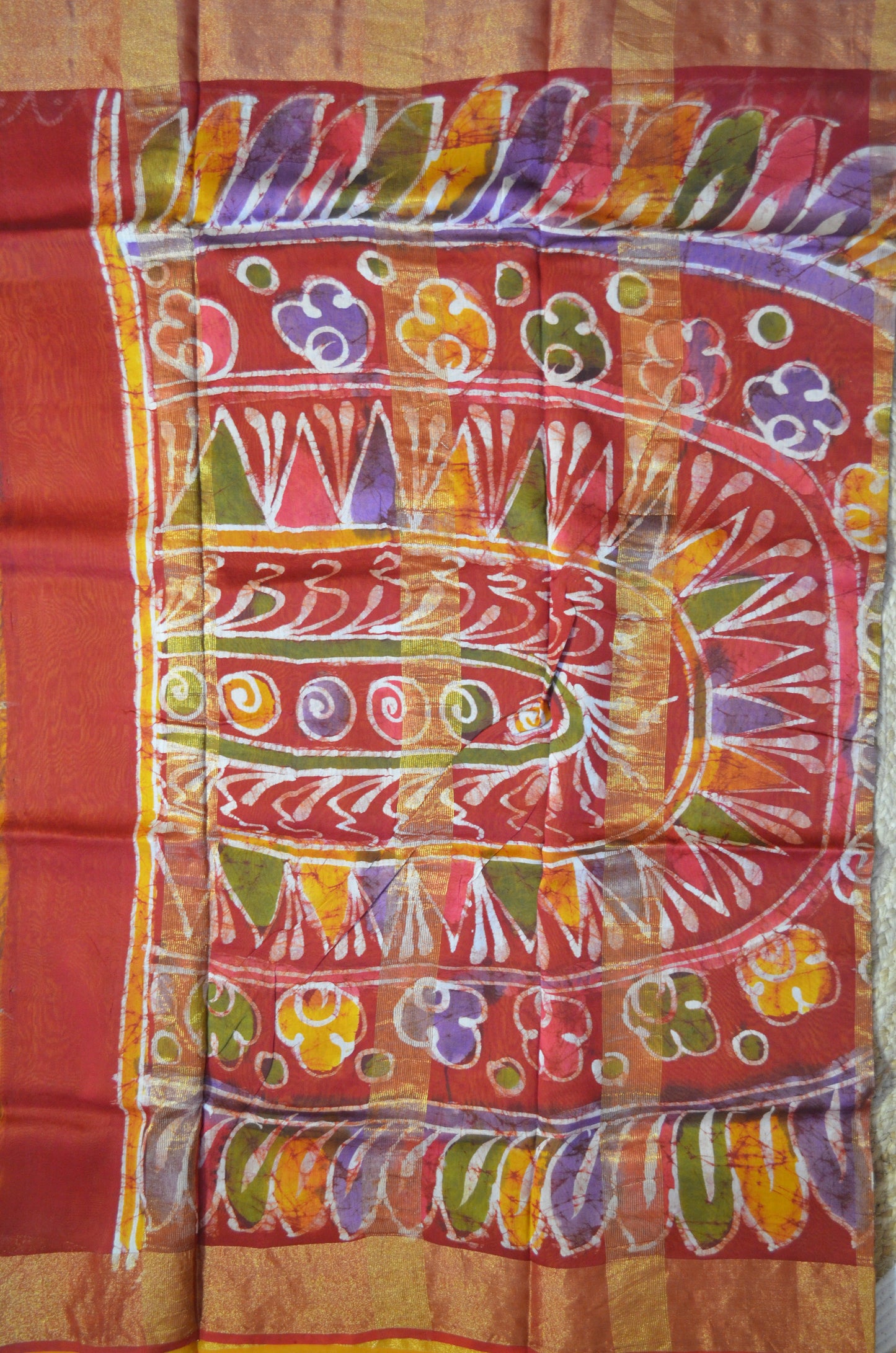 Red and Mustard Batik Print Chanderi Handloom Saree