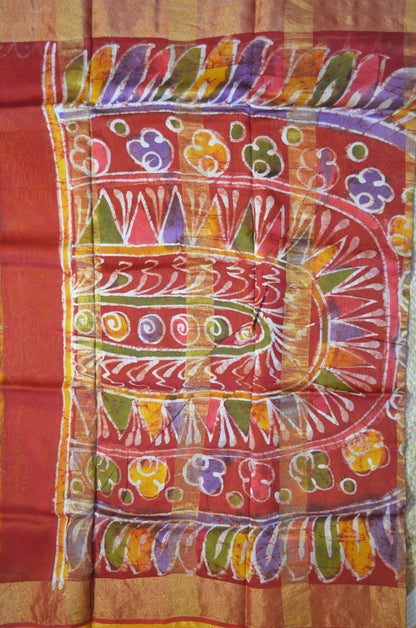 Red and Mustard Batik Print Chanderi Handloom Saree