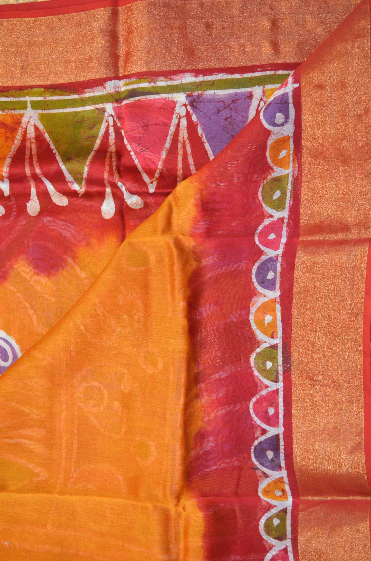 Red and Mustard Batik Print Chanderi Handloom Saree