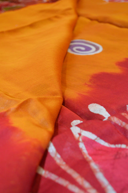 Red and Mustard Batik Print Chanderi Handloom Saree