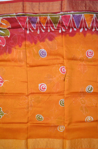 Red and Mustard Batik Print Chanderi Handloom Saree