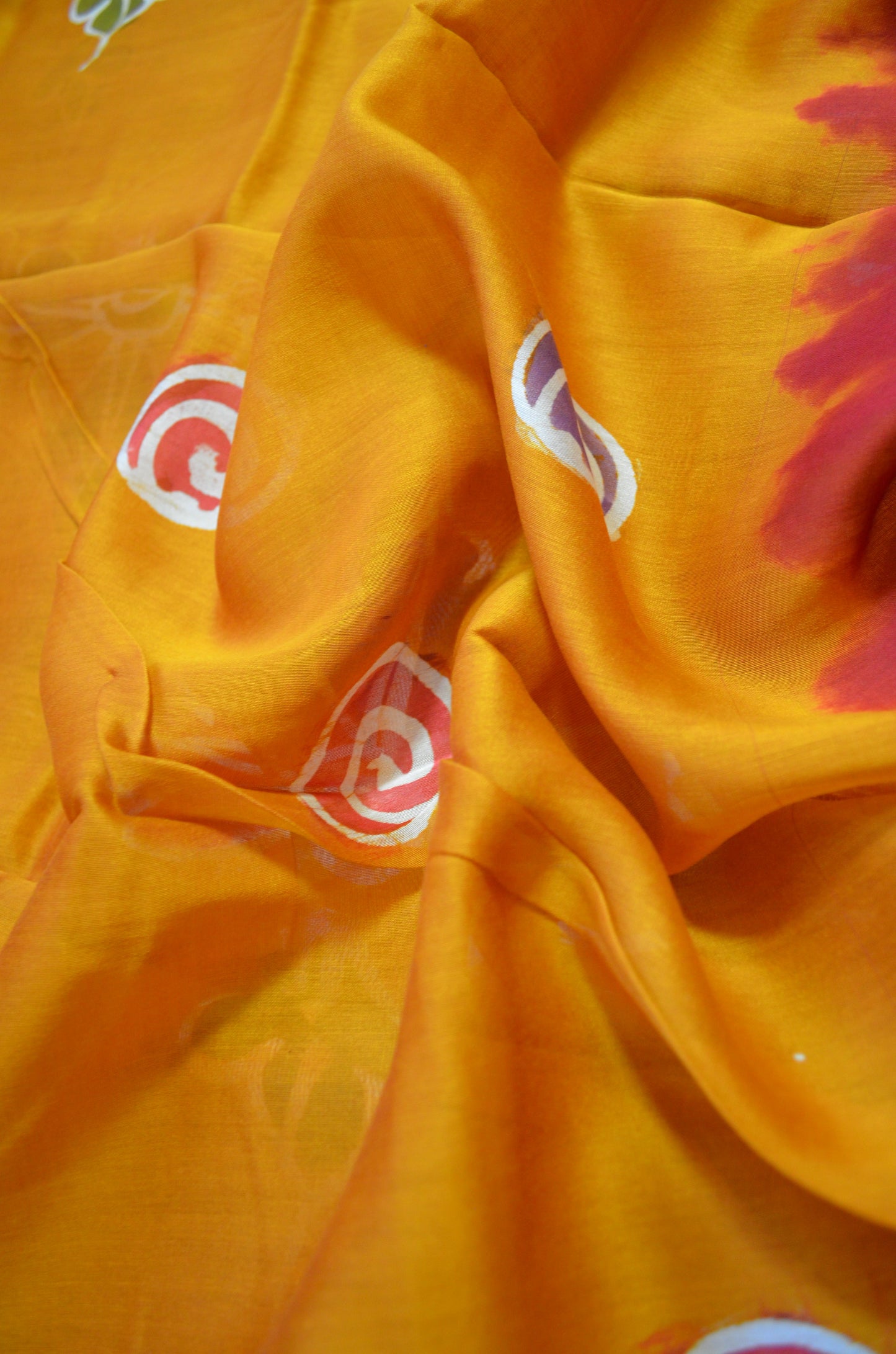 Red and Mustard Batik Print Chanderi Handloom Saree