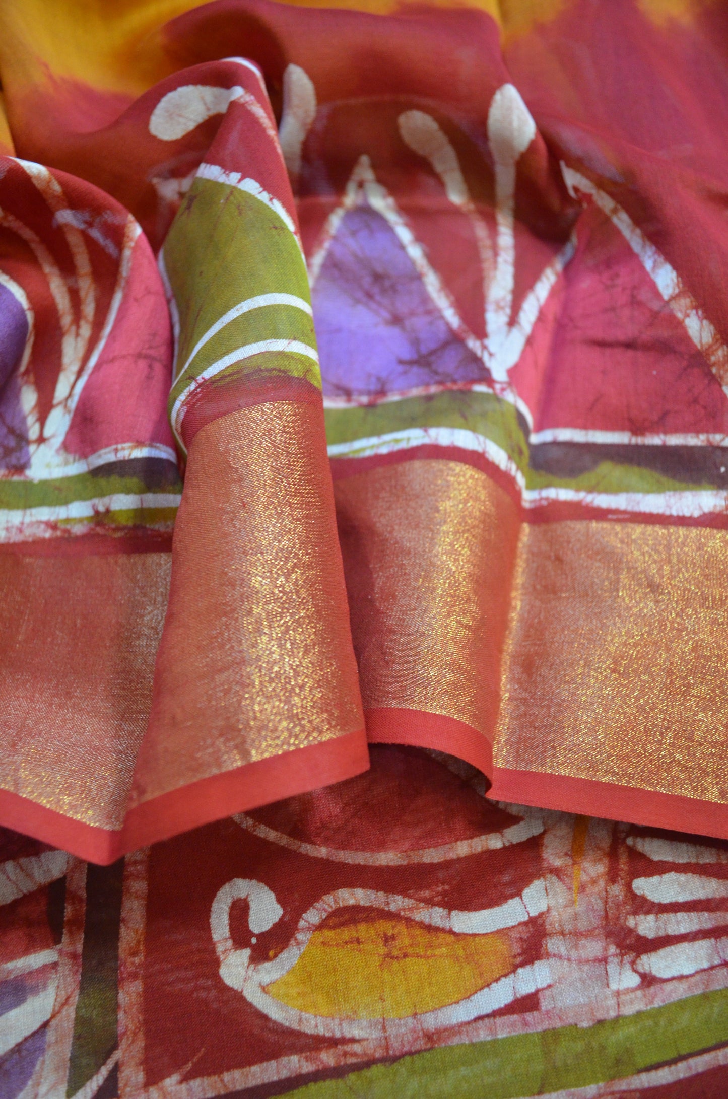 Red and Mustard Batik Print Chanderi Handloom Saree
