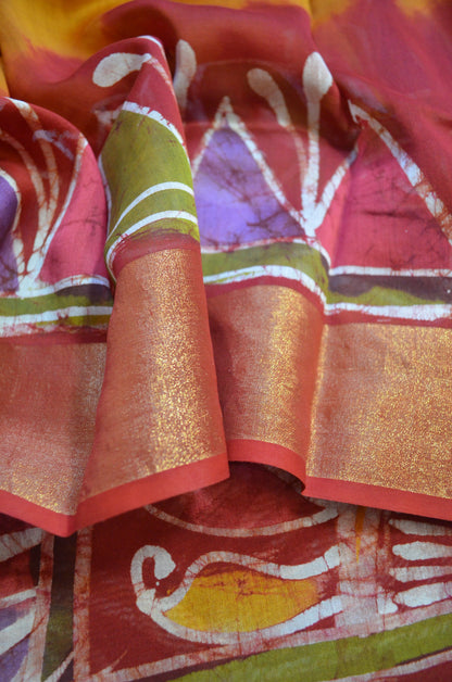 Red and Mustard Batik Print Chanderi Handloom Saree