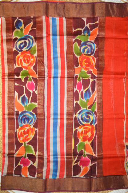 Rust Hand Painted Chanderi Handloom Saree