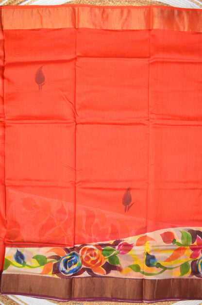 Rust Hand Painted Chanderi Handloom Saree