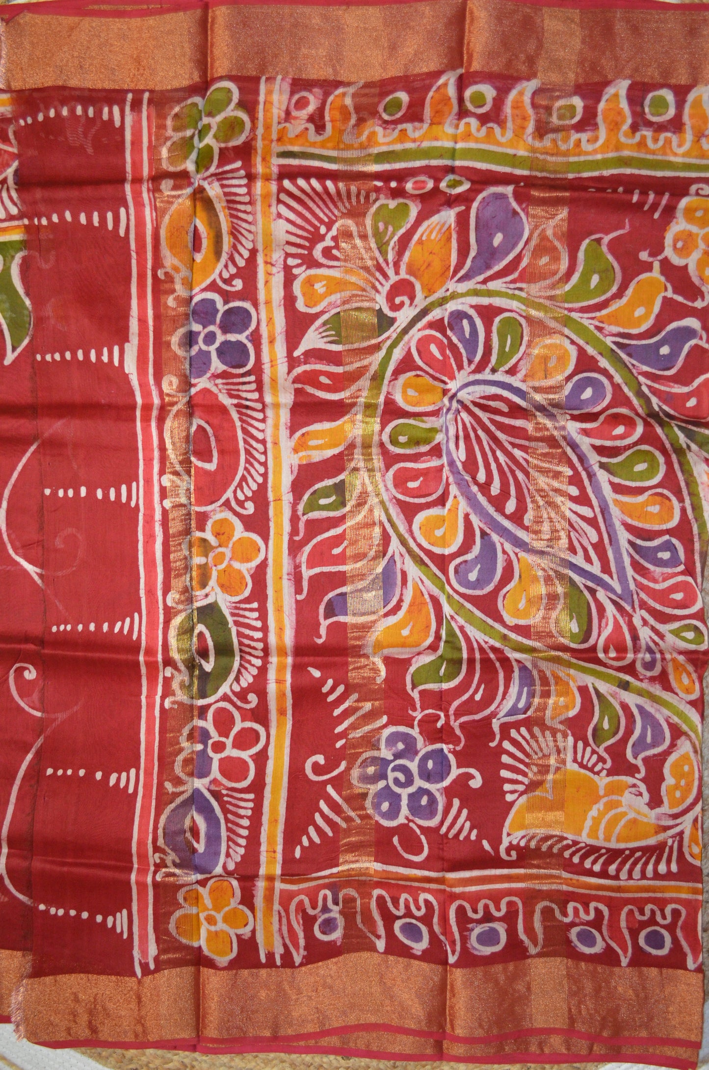 Red Batik Print Chanderi Handloom Saree