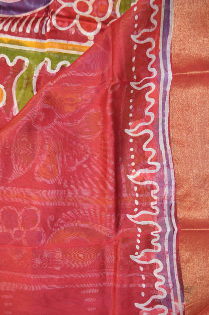 Red Batik Print Chanderi Handloom Saree