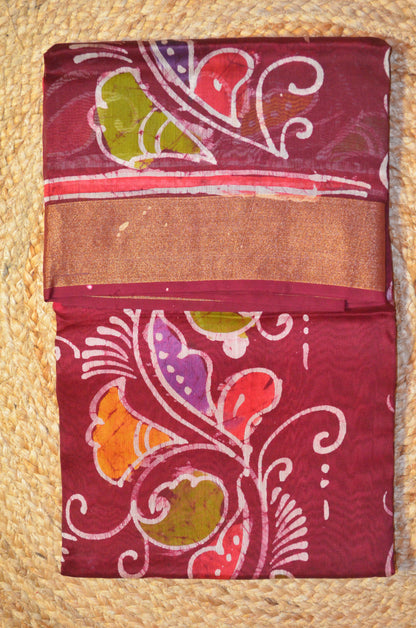 Maroon Batik Print Chanderi Handloom Saree