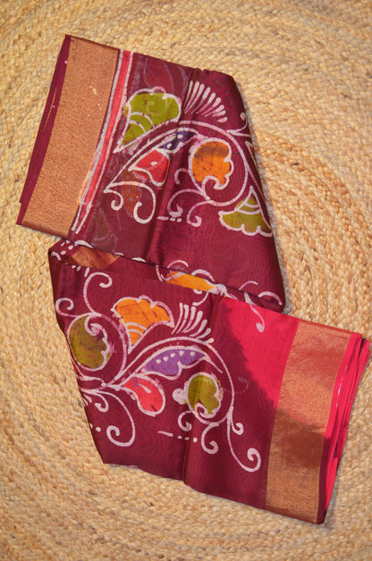 Maroon Batik Print Chanderi Handloom Saree
