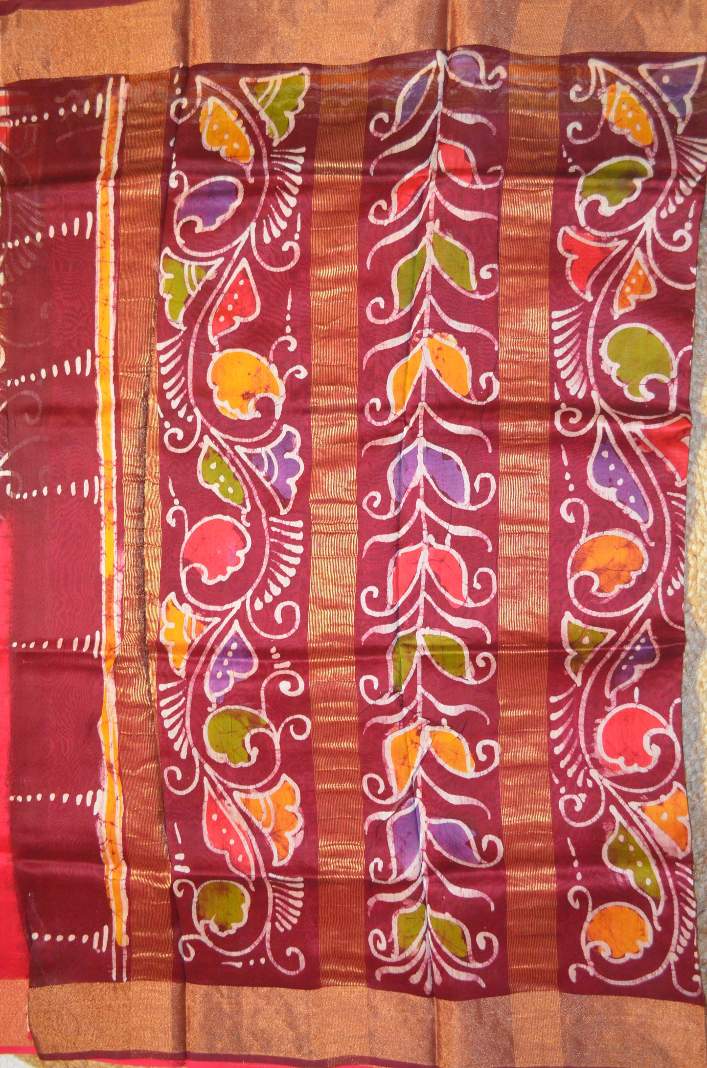 Maroon Batik Print Chanderi Handloom Saree