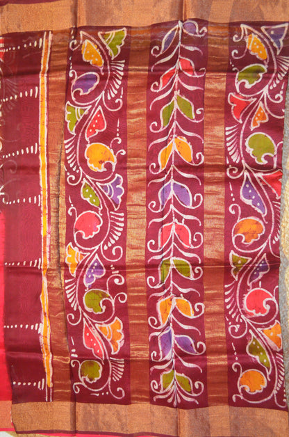 Maroon Batik Print Chanderi Handloom Saree