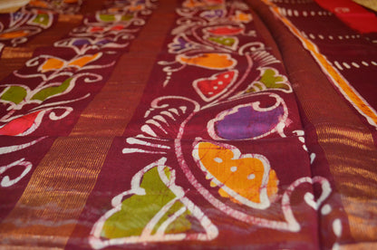 Maroon Batik Print Chanderi Handloom Saree