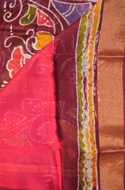 Maroon Batik Print Chanderi Handloom Saree