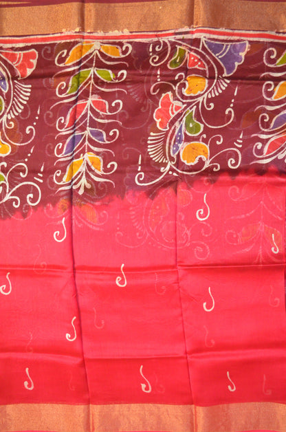 Maroon Batik Print Chanderi Handloom Saree