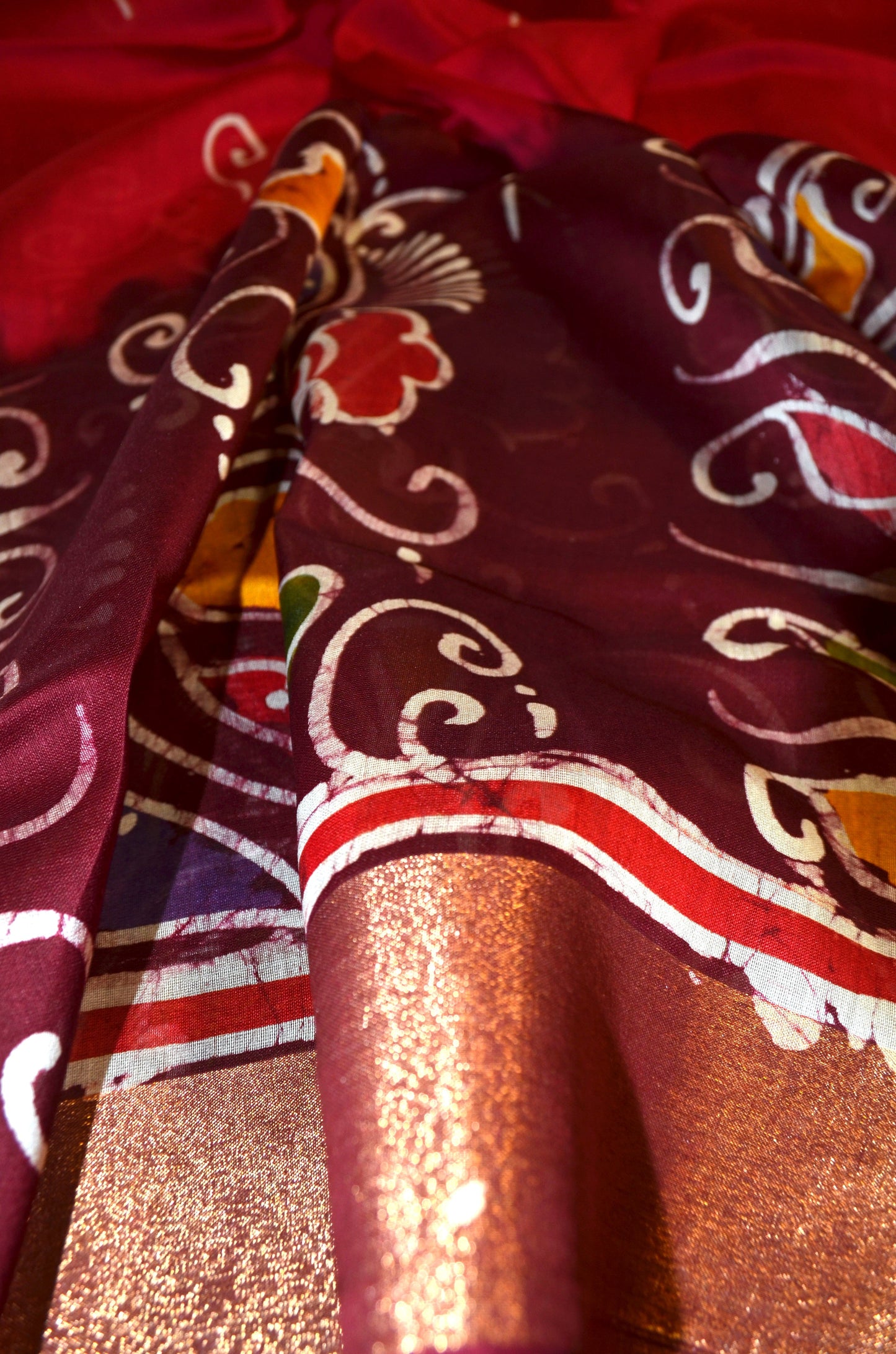 Maroon Batik Print Chanderi Handloom Saree