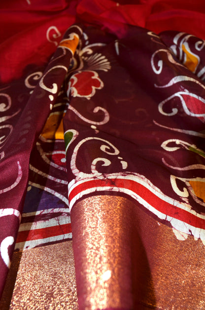 Maroon Batik Print Chanderi Handloom Saree