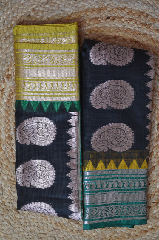 Black Green and Yellow Kota Gadwal Cotton Silk Handloom Saree