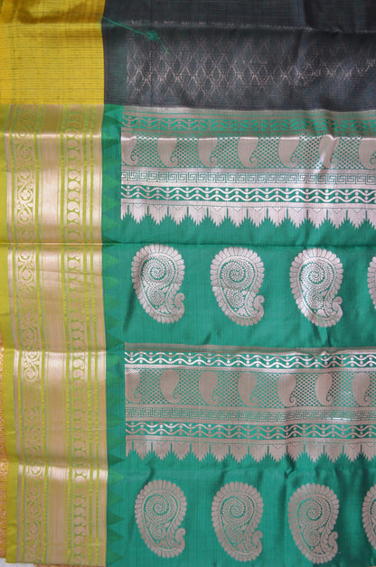 Black Green and Yellow Kota Gadwal Cotton Silk Handloom Saree