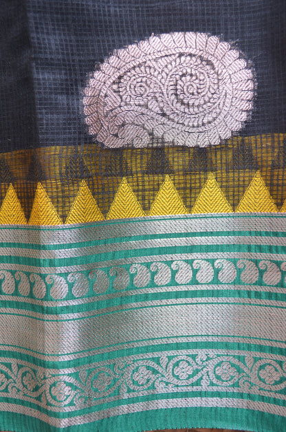 Black Green and Yellow Kota Gadwal Cotton Silk Handloom Saree